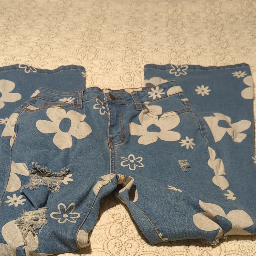 SHEIN Kids Blue Floral Distressed Jeans